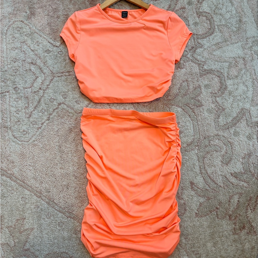 SHEIN Orange Ruched Midi Pencil Skirt Set Casual